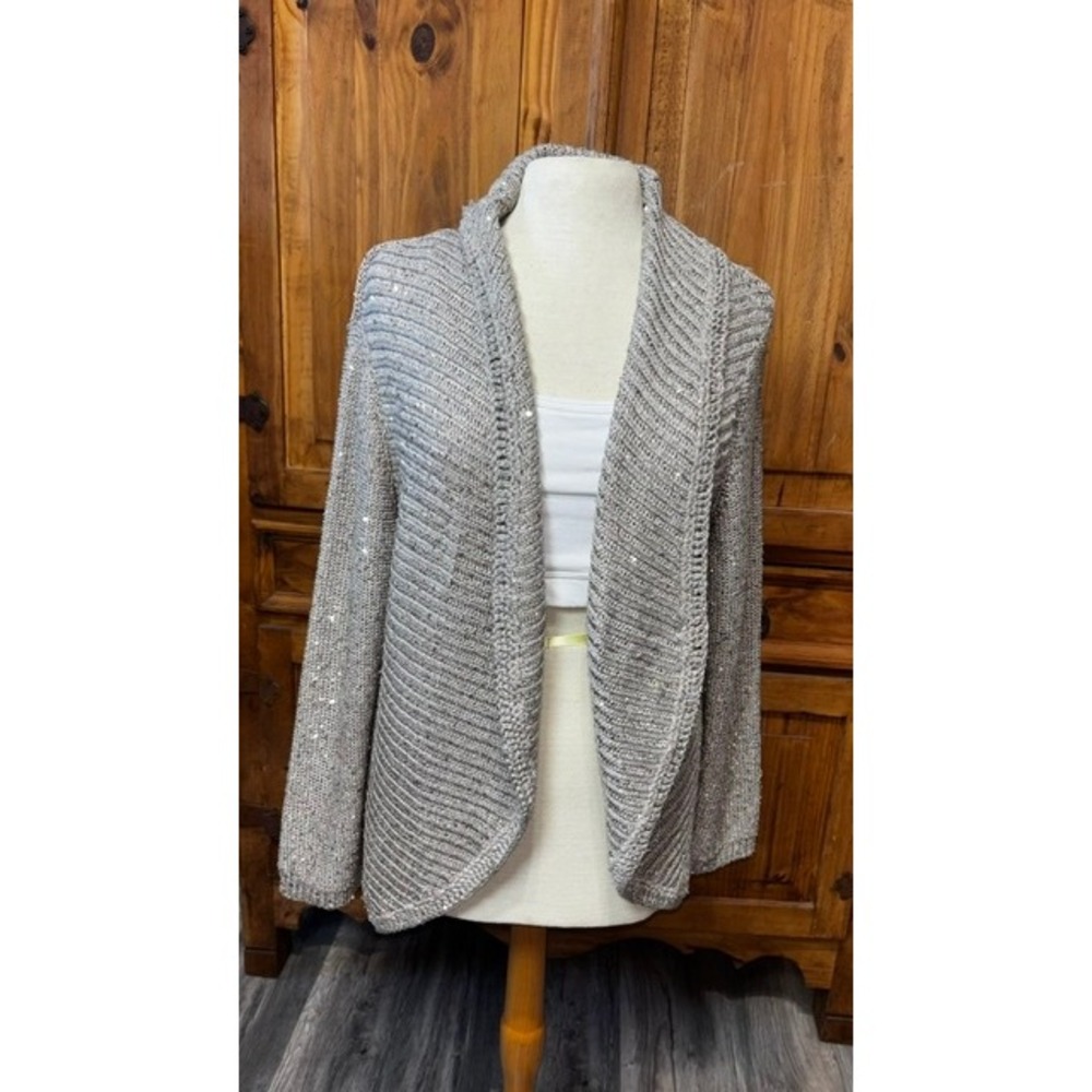 Chico's Size 3 Taupe Sequin Knit Cardigan | Open Front | Chunky Sweater